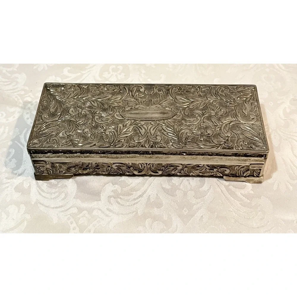 1992 Godinger Silver Jewelry Box Vtg  Floral Vine Heavy Storage Rectangle Baroqu